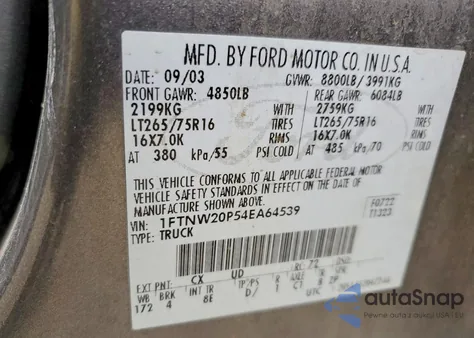 2004 Ford F250 Super Duty из США, поврежденный, VIN 1FTNW20P54EA64539